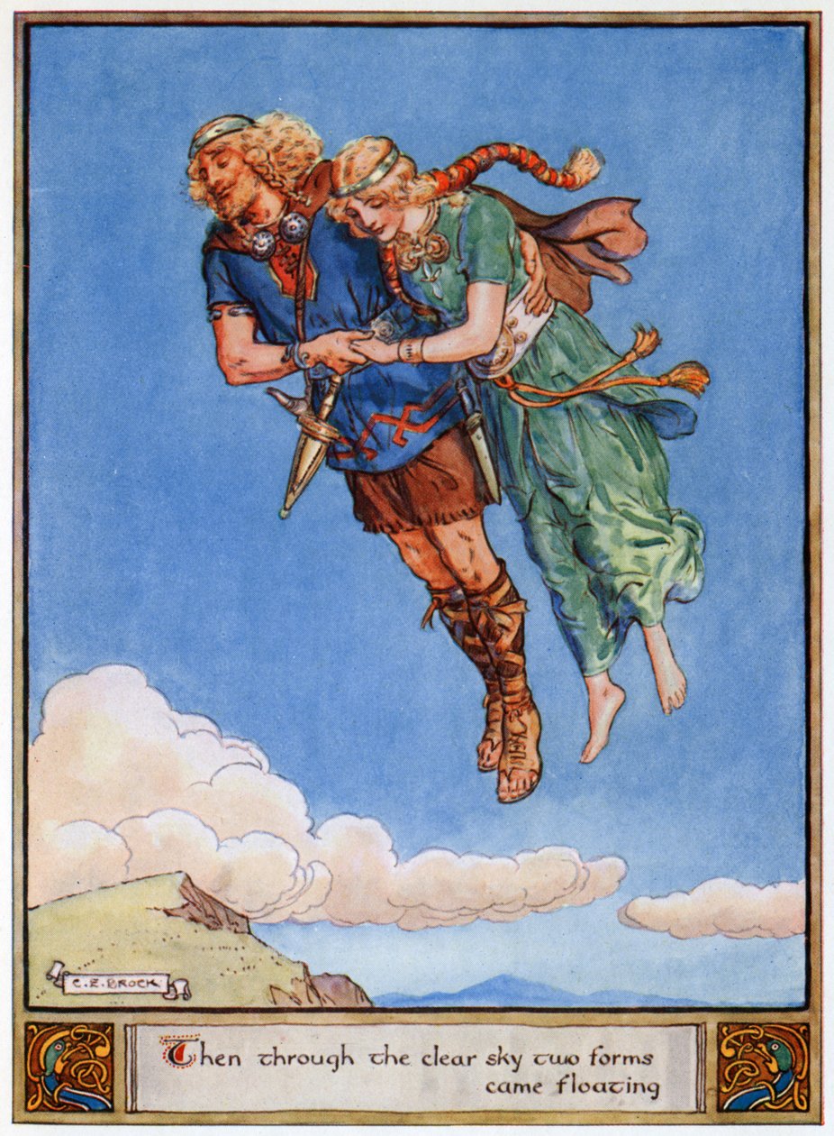 „Wtedy przez czyste niebo przepłynęły dwie formy”, ilustracja z „Bohaterowie Asgardu, Opowieści z mitologii skandynawskiej”, autorstwa A und E Keary, 1930 autorstwa Charles Edmund Brock