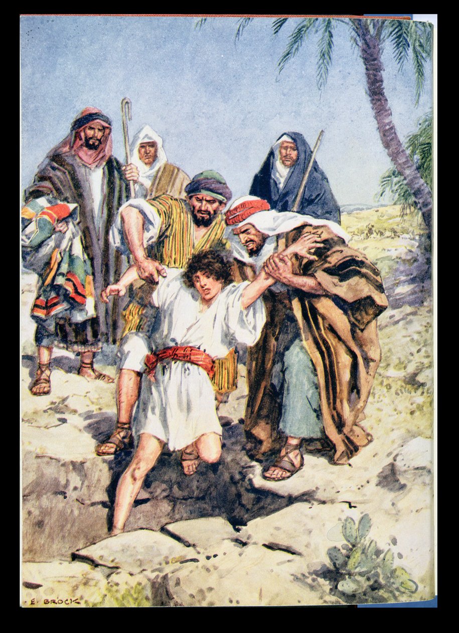 „Wrzucili go do dołu”, ilustracja z „Przez Biblię”, Virtue Publishing, 1928 autorstwa Charles Edmund Brock
