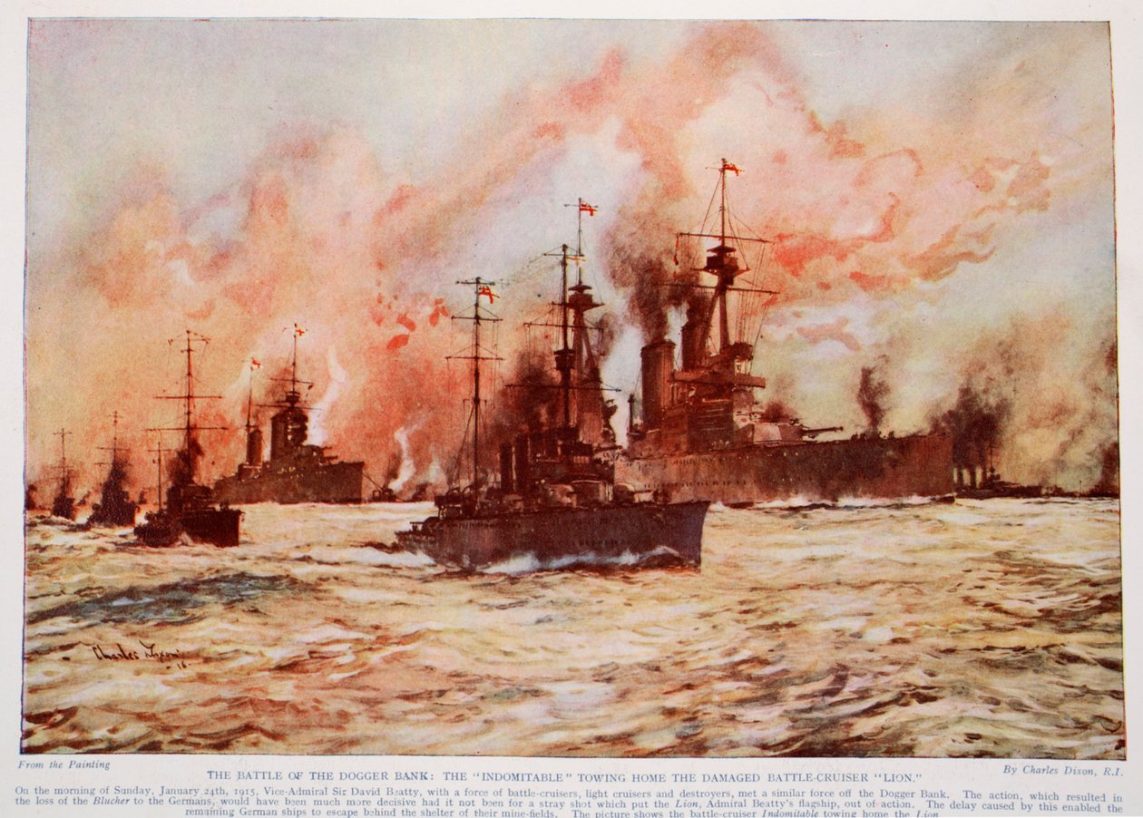 Bitwa na Dogger Bank: "Indomitable" holuje uszkodzony krążownik "Lion", 24 stycznia 1915 r., ilustracja z "Hutchinson