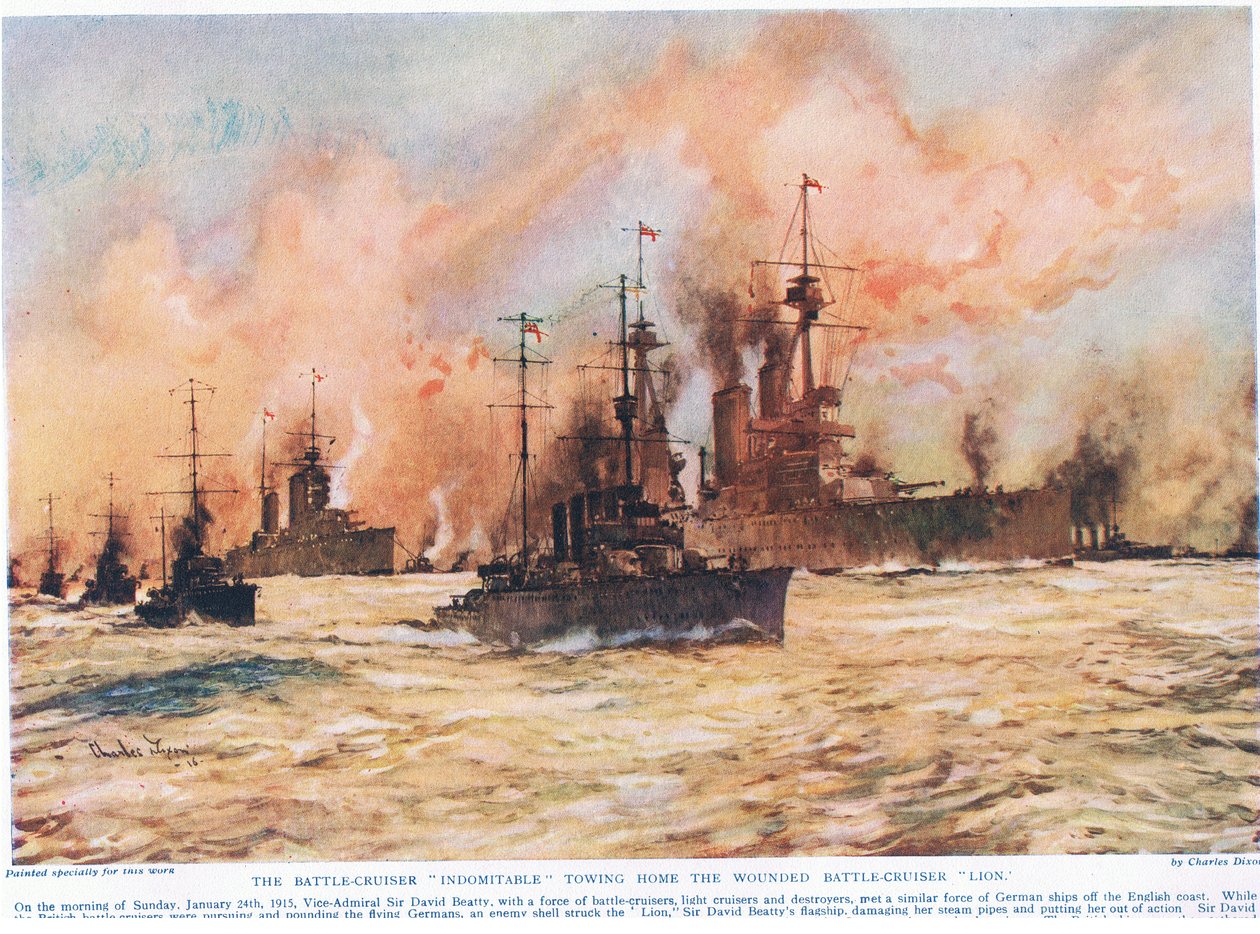 Krążownik bojowy „Indomitable” holujący do domu ranny krążownik bojowy „Lew”, ilustracja z książki „Czyny, które drżą Imperium”, wydanej przez Hutchinson und Co., ok. 1920 r. autorstwa Charles Edward Dixon