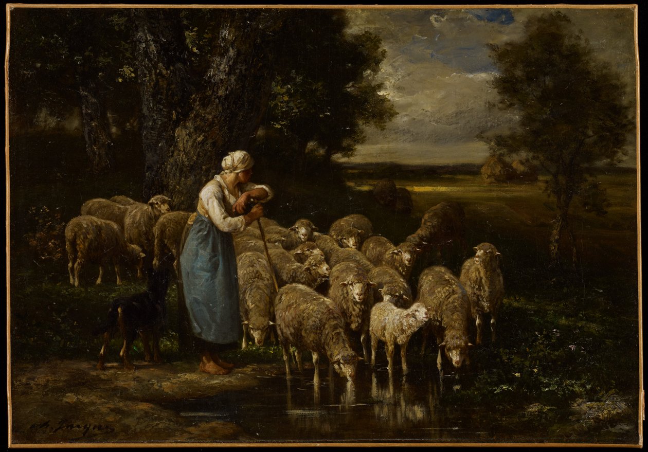 Pasterka i owce, Fontainebleau autorstwa Charles Emile Jacque