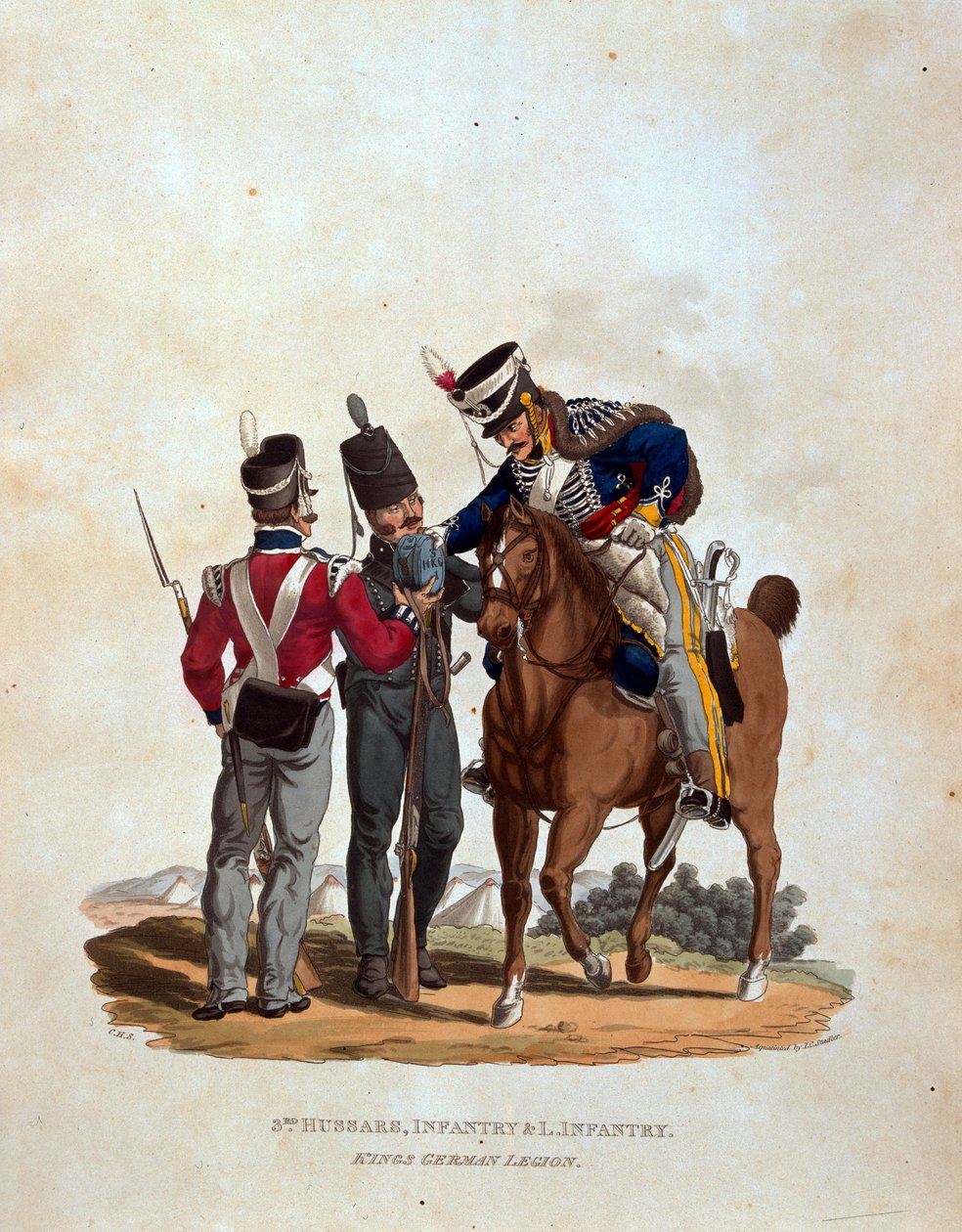 3 pułk huzarów, piechoty i lekkiej piechoty królewskiego legionu niemieckiego, z „Kostiumy armii Imperium Brytyjskiego, według ostatnich przepisów z 1812 r.”, sztych. J.C. Stadler, wyd. Colnag autorstwa Charles Hamilton Smith
