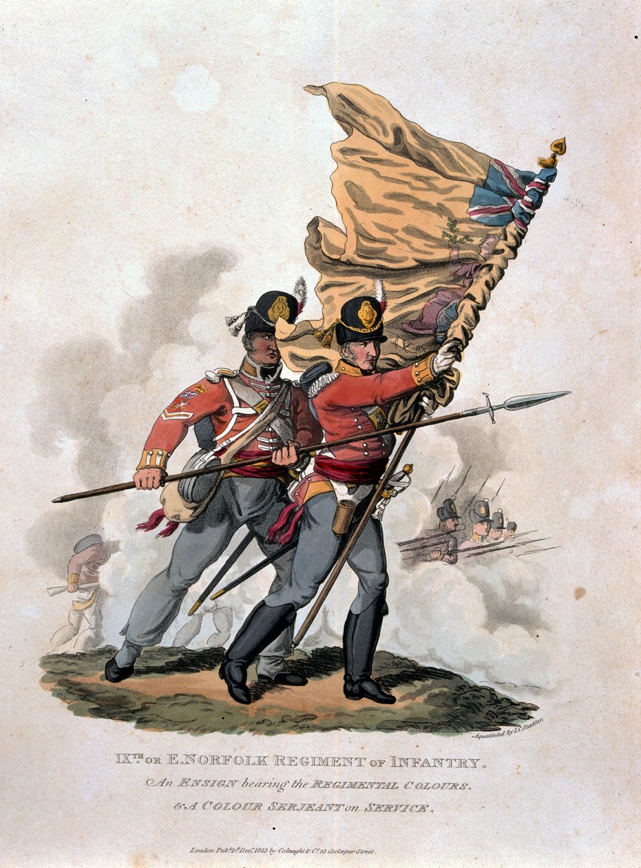 9th, or E Norfolk Regiment of Infantry, z "Costumes of the Army of the British Empire, according to the last regulations 1812", rytowane przez J.C. Stadler, opublikowane przez Colnaghi und Co. 1812-15 (kolor autorstwa Charles Hamilton Smith