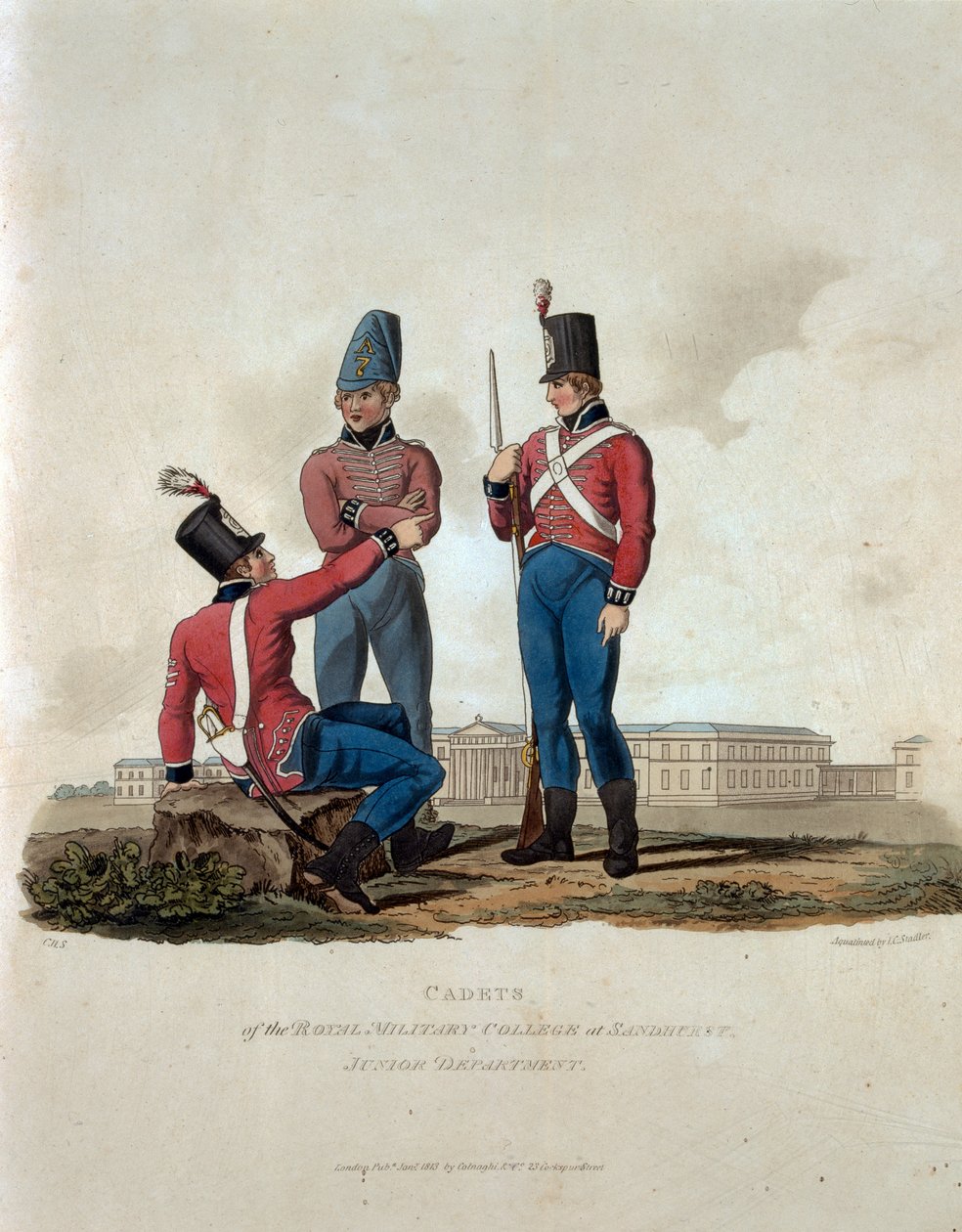 Kadeci Królewskiego Kolegium Wojskowego w Sandhurst, Wydział Młodszy, z "Costumes of the Army of the British Empire, according to the last regulations 1812", rytowane przez J.C. Stadler, opublikowane przez autorstwa Charles Hamilton Smith