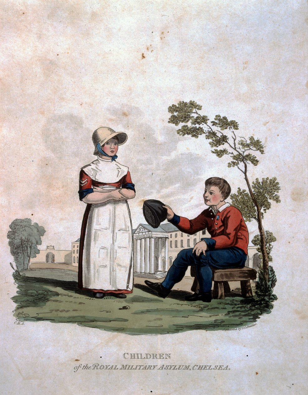 Dzieci w Royal Military Asylum, Chelsea, z „Kostium Armii Imperium Brytyjskiego, według ostatnich przepisów z 1812 r.”, sztychowane przez J.C. Stadlera, wydane przez Colnaghi und Co. 1812-15 autorstwa Charles Hamilton Smith