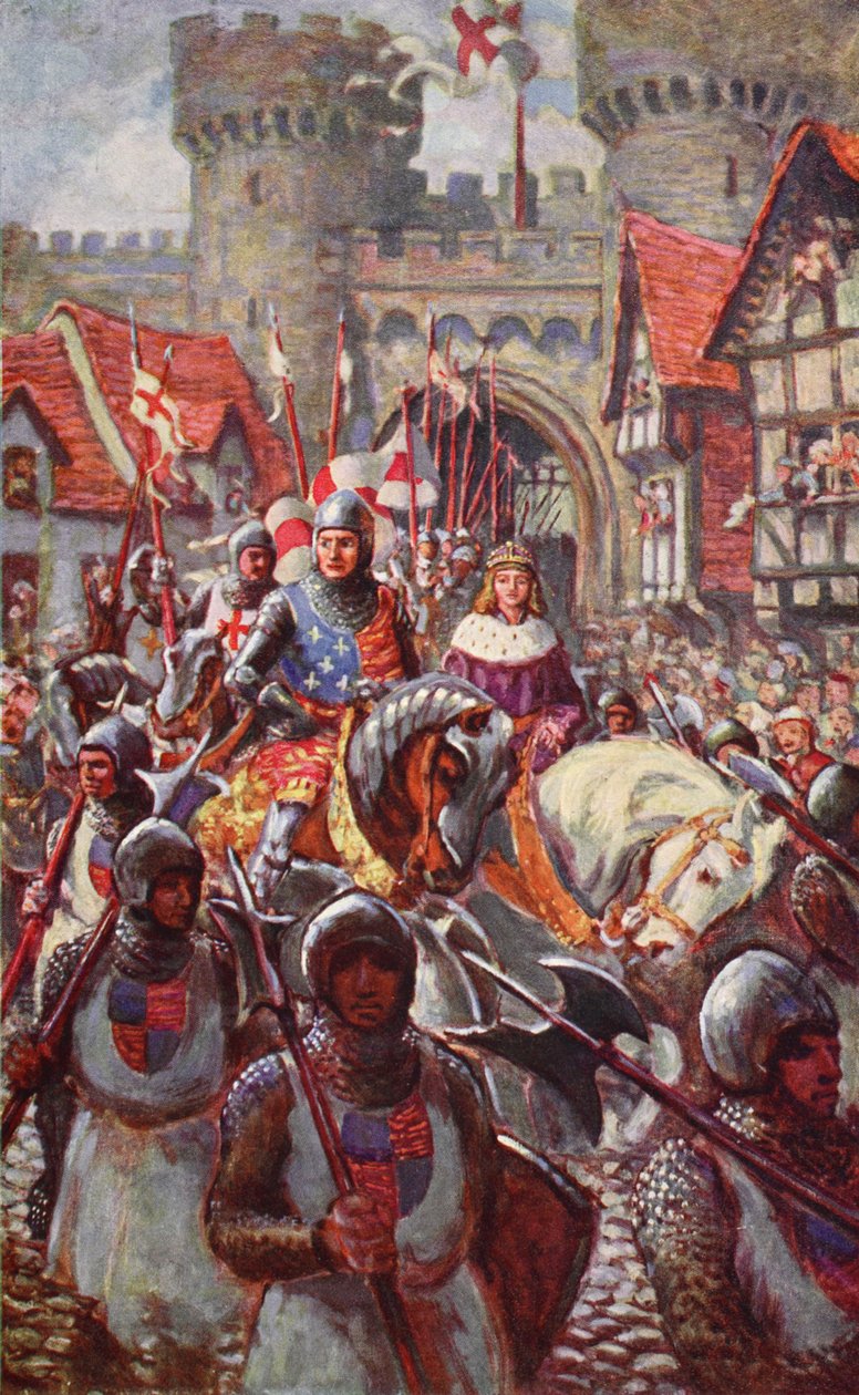 Edward V wjeżdża do Londynu z księciem Ryszardem, 1483 r., ilustracja z "Hutchinson