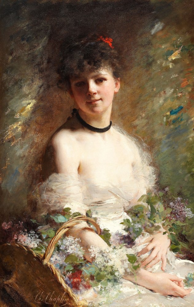 Młoda kobieta z koszem kwiatów autorstwa Charles Joshua Chaplin