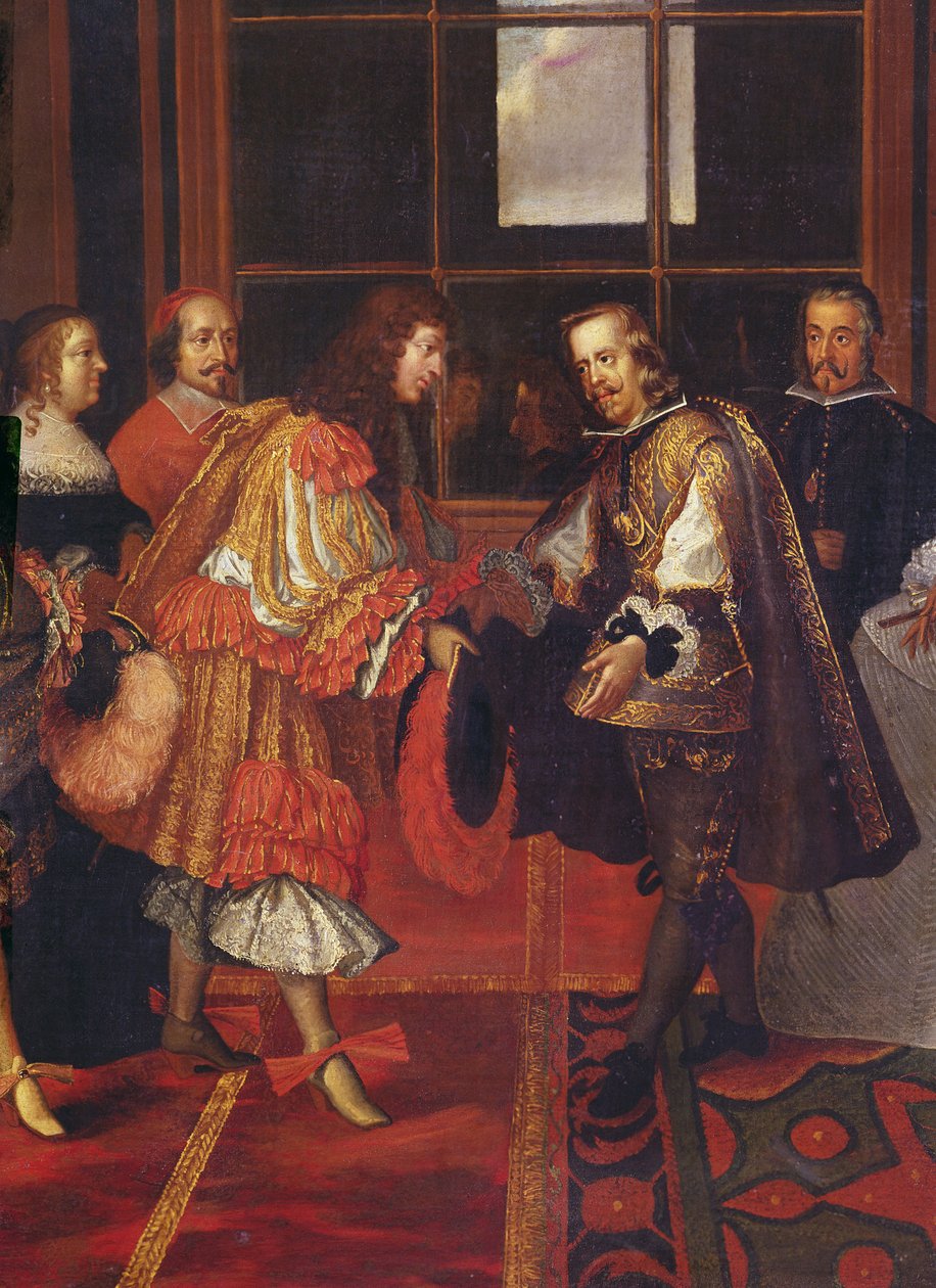 Spotkanie Ludwika XIV i Filipa IV na Ile des Faisans 7 czerwca 1660 szczegół Ludwika XIV 1638-1715, króla Francji i Nawarry, jego wuja Filipa IV 1605-1665, króla Hiszpanii, w tle autorstwa Charles Le Brun