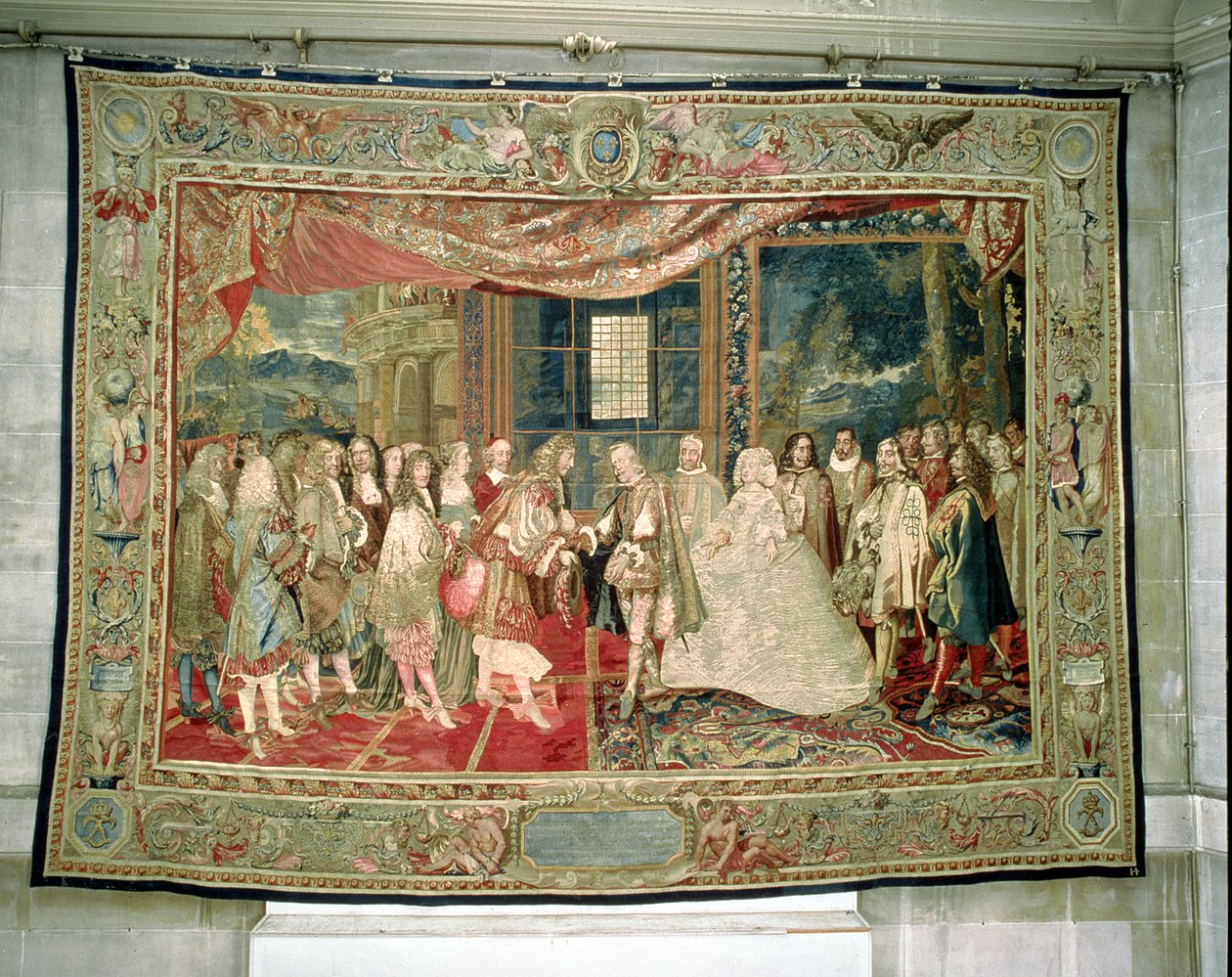 Spotkanie Filipa IV (1605-65) Hiszpanii i Ludwika XIV (1638-1715) na Wyspie Bażantów (gobelin) autorstwa Charles Le Brun