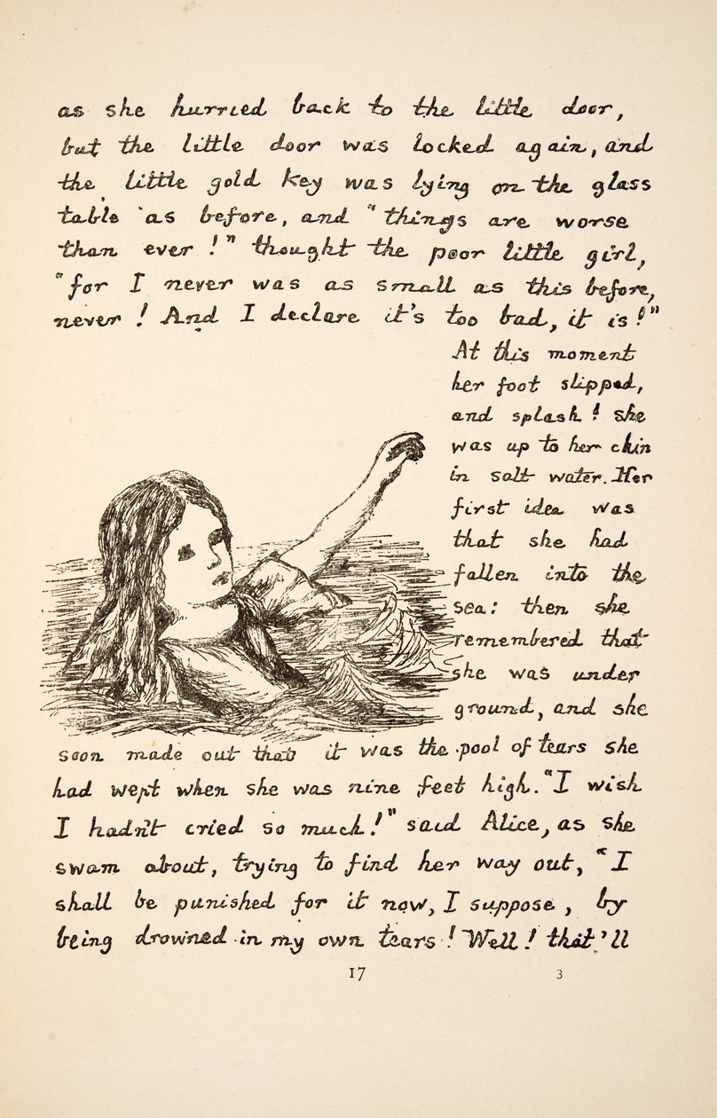 Alicja wpada do kałuży łez, ilustracja z Alices Adventures Under Ground, wyd. 1886 (faksymile) autorstwa Charles Lutwidge Dodgson