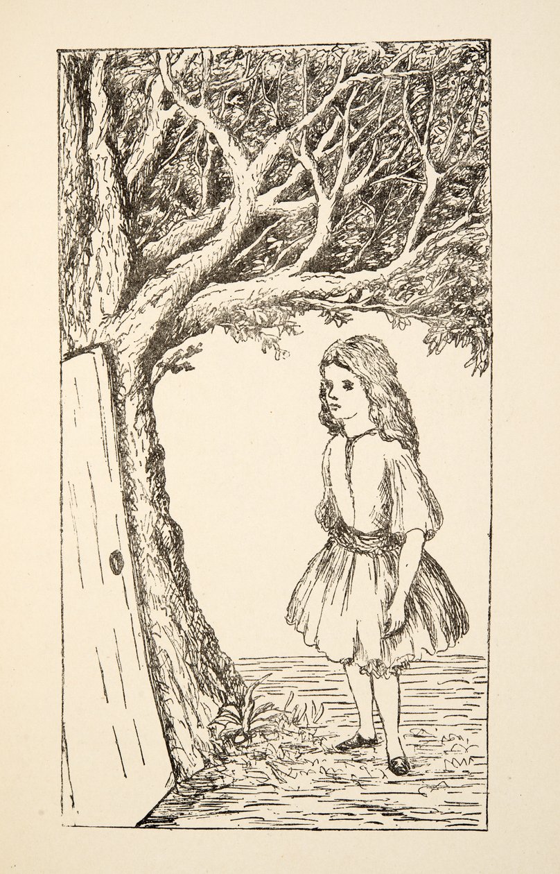 Alicja znajduje drzwi do drzewa, ilustracja z pubu Alice Adventures Under Ground. 1886 (faksymile) autorstwa Charles Lutwidge Dodgson