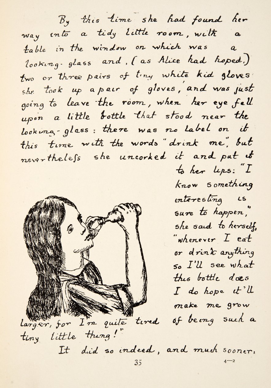 Alicja odkorkowuje małą butelkę, ilustracja z Alices Adventures Under Ground, pub. 1886 (faksymile) autorstwa Charles Lutwidge Dodgson