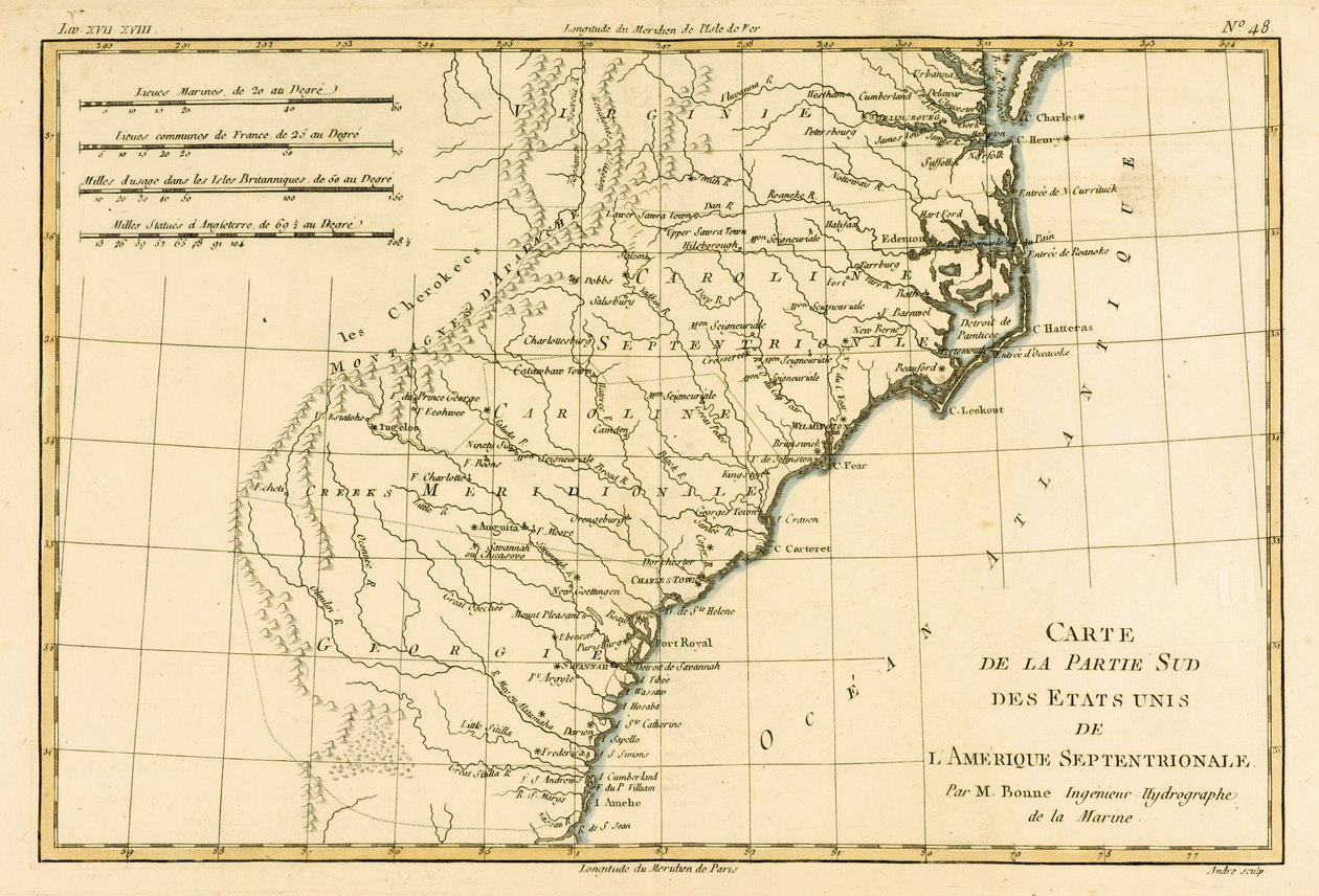 Południowo-wschodnie wybrzeże Ameryki, z „Atlasu wszystkich znanych części świata ziemskiego” Guillaume Raynal (1713-96), opublikowane J L Pellet, Genewa, 1780 (kolorowa grawerunek) autorstwa Charles Marie Rigobert Bonne