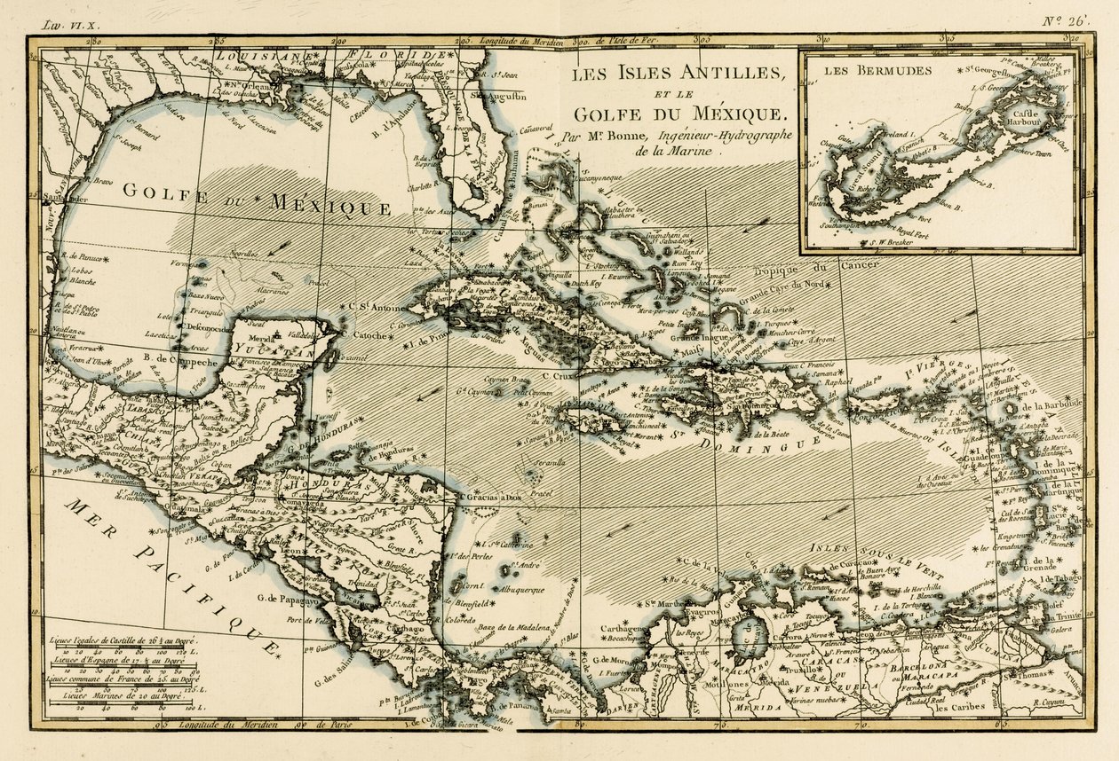 Antyle i Zatoka Meksykańska, z "Atlas de Toutes les Parties Connues du Globe Terrestre" Guillaume Raynal (1713-96) opublikowanego w Genewie w 1780 r. autorstwa Charles Marie Rigobert Bonne