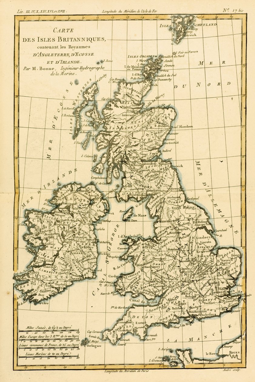 Wyspy Brytyjskie, w tym Królestwa Anglii, Szkocji i Irlandii, z "Atlas de Toutes les Parties Connues du Globe Terrestre" Guillaume Raynal (1713-96) opublikowane 1780 (kolorowe ryciny) autorstwa Charles Marie Rigobert Bonne