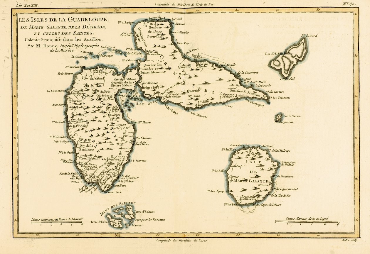 Wyspy Gwadelupa, Marie-Galante, La Desirade i Wyspy Saintes, kolonie francuskie na Antylach, z "Atlas de Toutes les Parties Connues du Globe Terrestre" Guillaume Raynal (17 autorstwa Charles Marie Rigobert Bonne