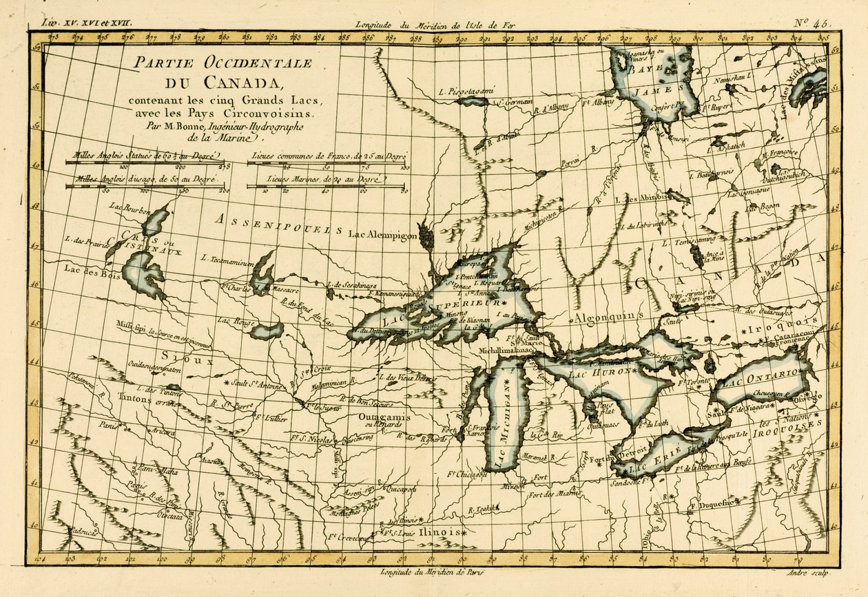 Zachodnia Kanada, w tym pięć Wielkich Jezior, z "Atlas de Toutes les Parties Connues du Globe Terrestre" Guillaume Raynal (1713-96), opublikowanego przez J L Pellet, Genewa, 1780. autorstwa Charles Marie Rigobert Bonne