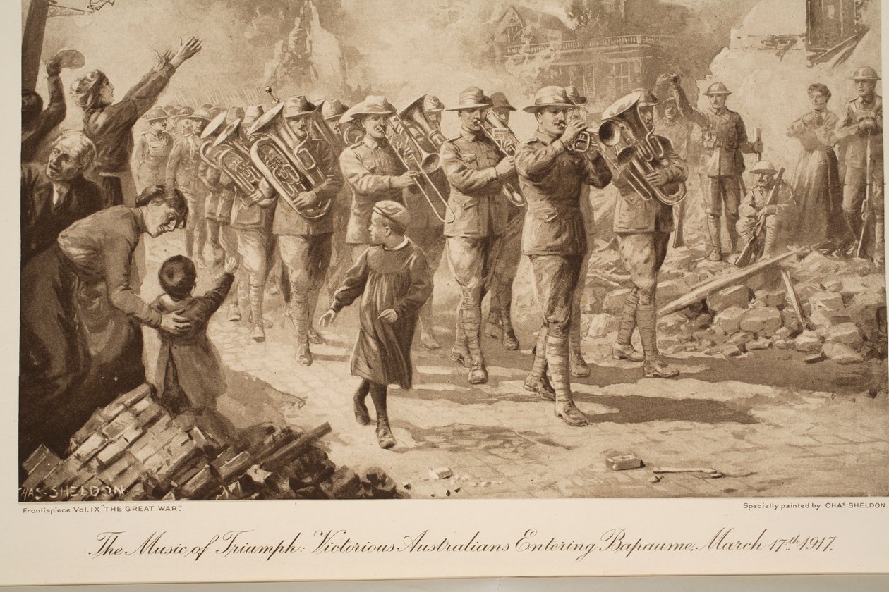 Muzyka triumfu: Zwycięscy Australijczycy wkraczający do Bapaume, 17 marca 1917, 1917-19 autorstwa Charles Mills Sheldon
