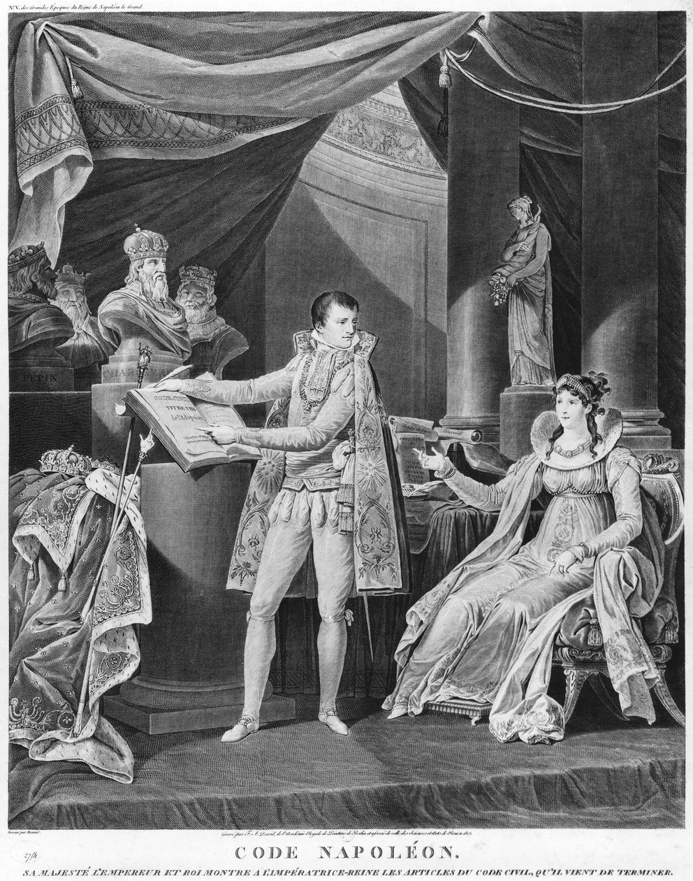 Cesarz i król Napoleon I (1769-1861) pokazuje cesarzowej-królowej Marii Luizy (1791-1847) artykuły z ukończonego właśnie Code Civil, 1804 r. autorstwa Charles Monnet
