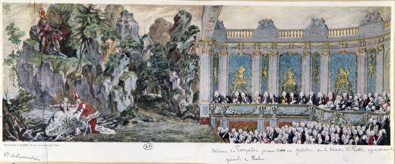 Jeanne Antoinette Poisson (1721-64), markiza de Pompadour i wikariusz de Rohan grający w operze „Acis et Galatee” w Theatre des Petits Gabinety w Wersalu, 10 lutego 1749 (helioch autorstwa Charles Nicolas II Cochin