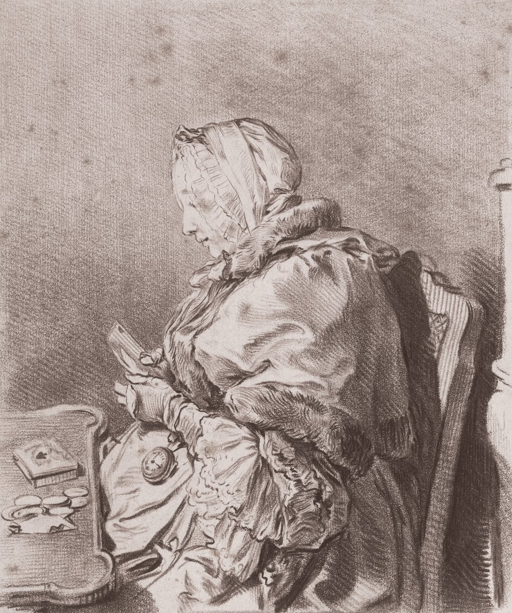 Portret Madame Marie Therese Rodet Geoffrin (1699-1777) 1746 (czerwona kreda na papierze) autorstwa Charles Nicolas II Cochin