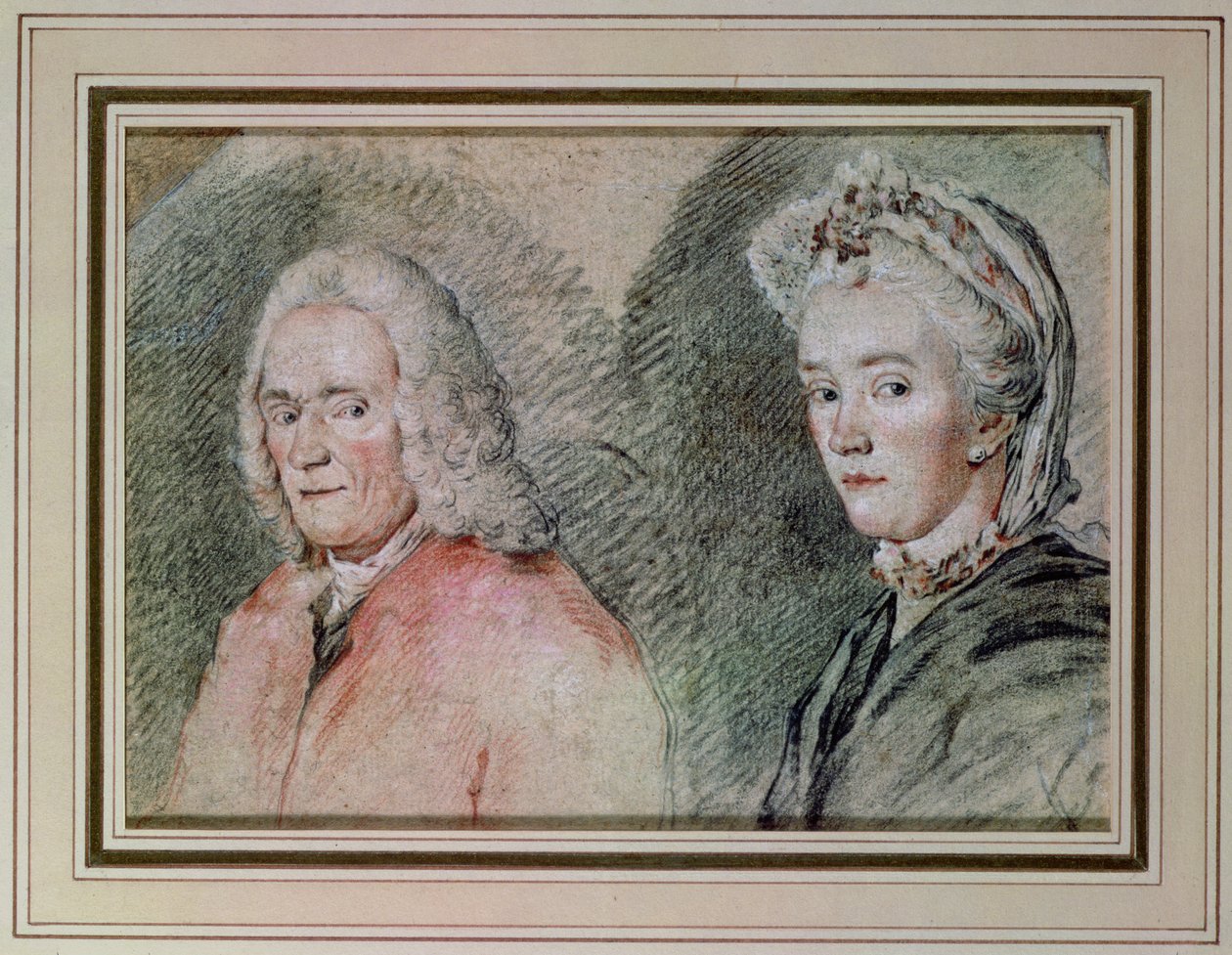 Voltaire (Francois Marie Arouet de Voltaire 1694-1778) i Madame Denis (Marie-Louise Mignot Denis 1712-90), ok. 1758-70 (ołówek na papierze) autorstwa Charles Nicolas II Cochin