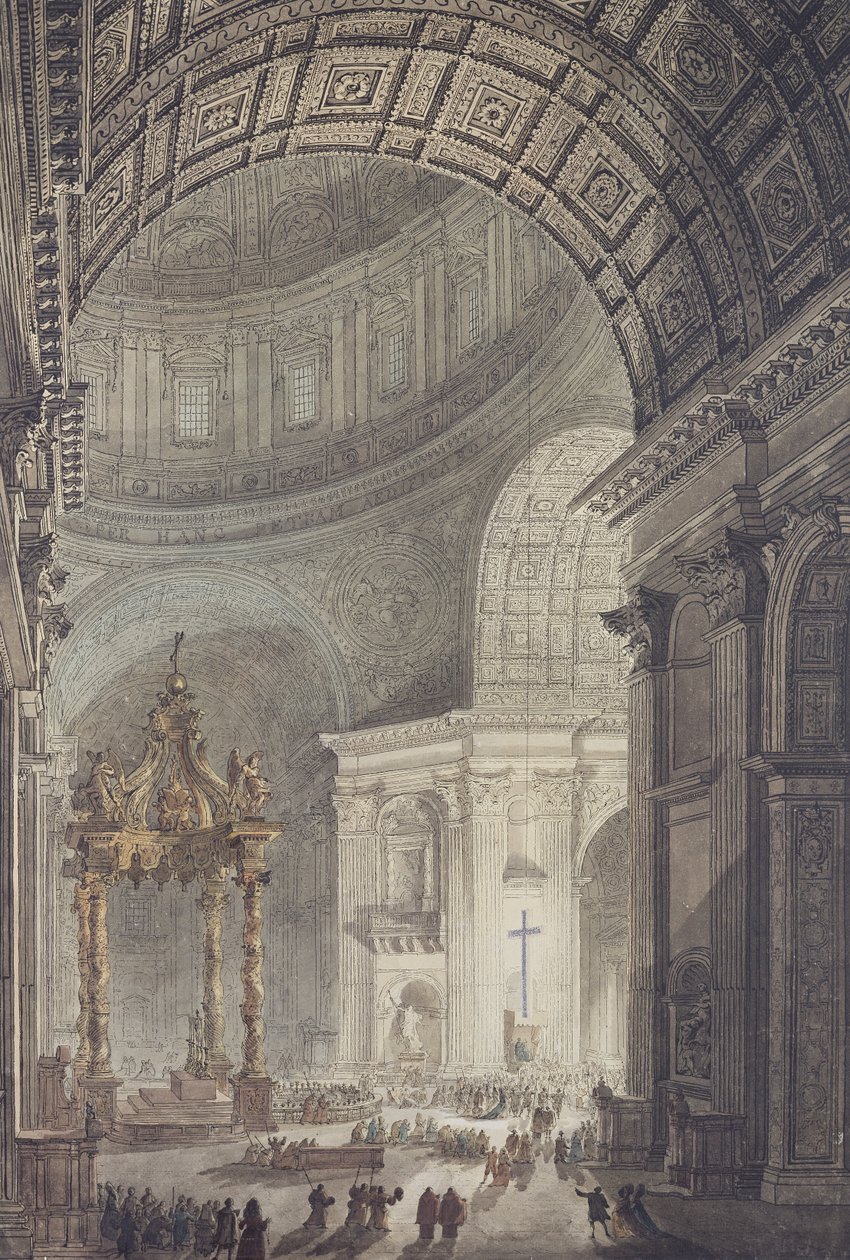 Świecący Krzyż w Bazylice św. Piotra w Rzymie w Wielki Czwartek (pióro i atrament i toaleta na papierze) autorstwa Charles Norry