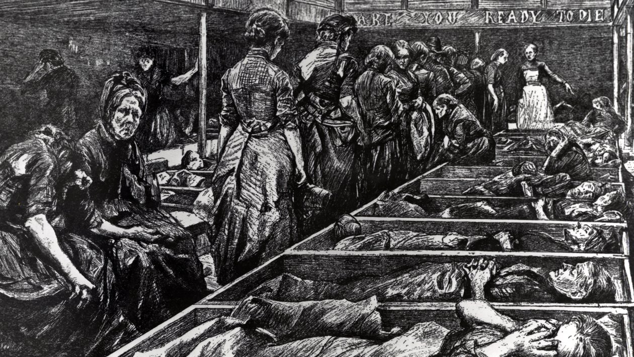 Schronisko dla kobiet Armii Zbawienia, ilustracja z „Grafiki”, 27 lutego 1892 r. autorstwa Charles Paul Renouard