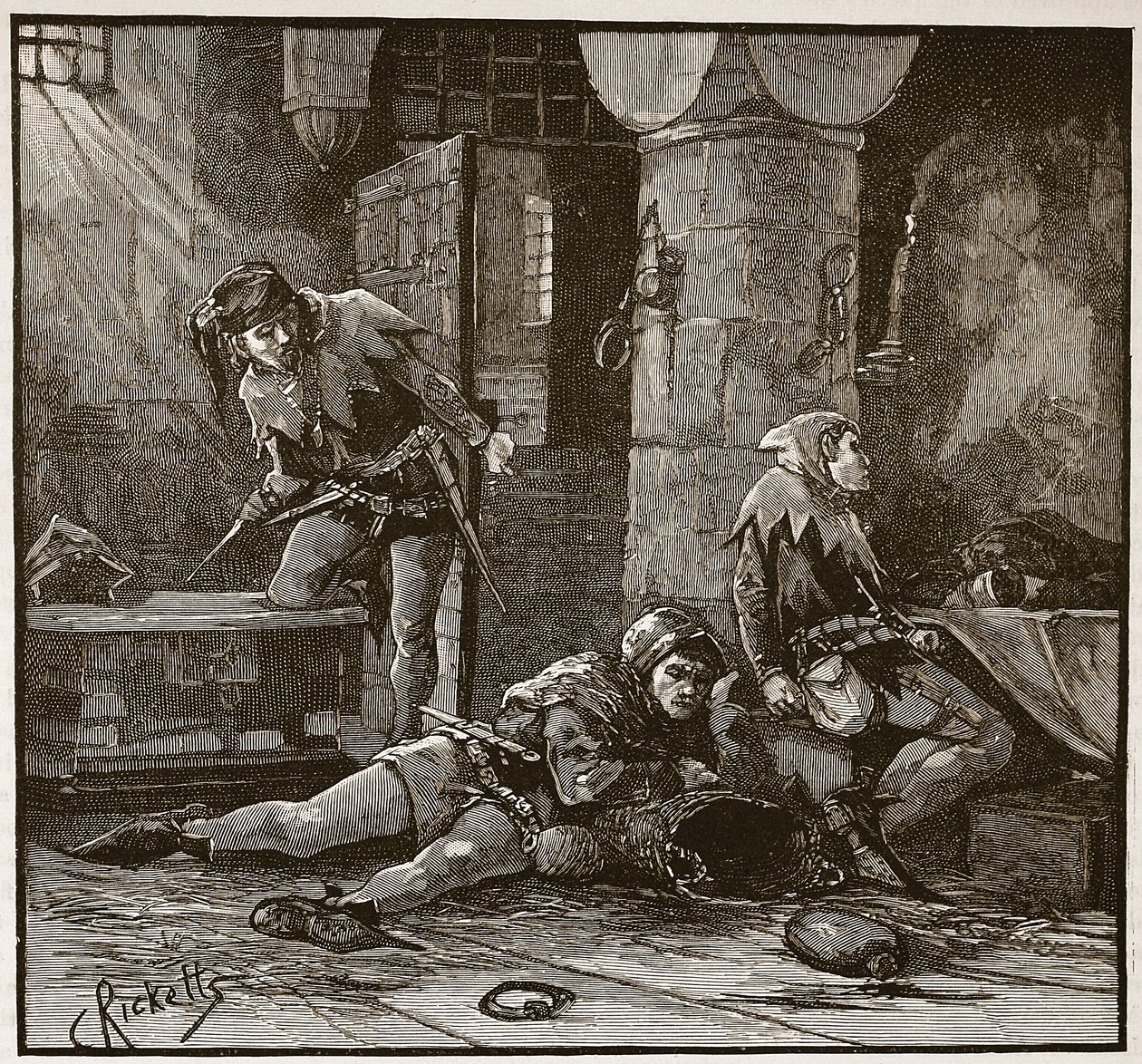 Ucieczka Rogera Mortimera z Wieży, ilustracja z „Ilustrowanej Historii Anglii Cassella” (zdjęcie w sepii) autorstwa Charles Ricketts