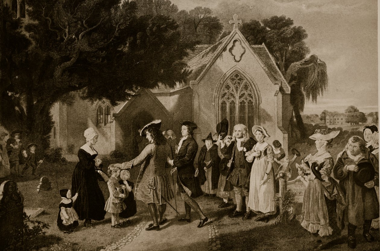 Sir Roger de Coverley, idący do kościoła z „Spectatorem” w otoczeniu swoich lokatorów, ilustracja z „Hutchinson