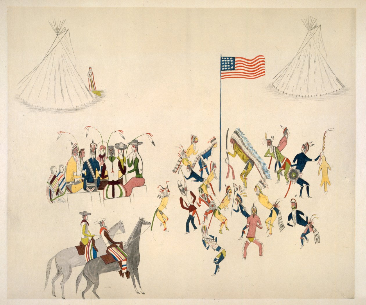 Taniec Shoshone, w którym biorą udział tylko mężczyźni (pigment na muślinie) autorstwa Charles Washakie