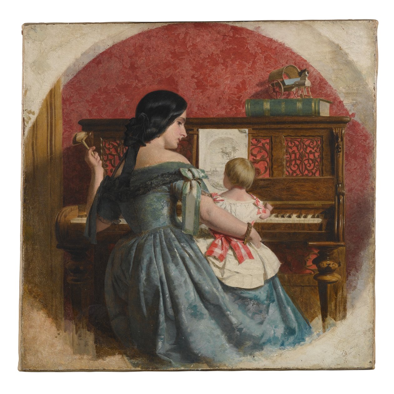 Wnętrze domowe z matką i dzieckiem siedzącymi przy fortepianie, ok. 1860 r. autorstwa Charles West Cope