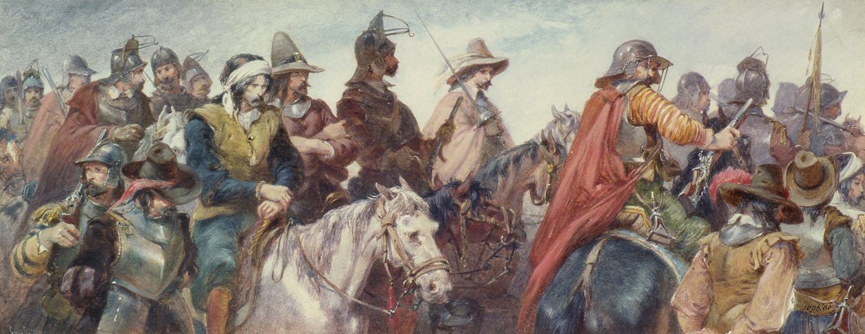 Kawaleria eskortująca więźniów (rysunek) autorstwa Charles Cattermole