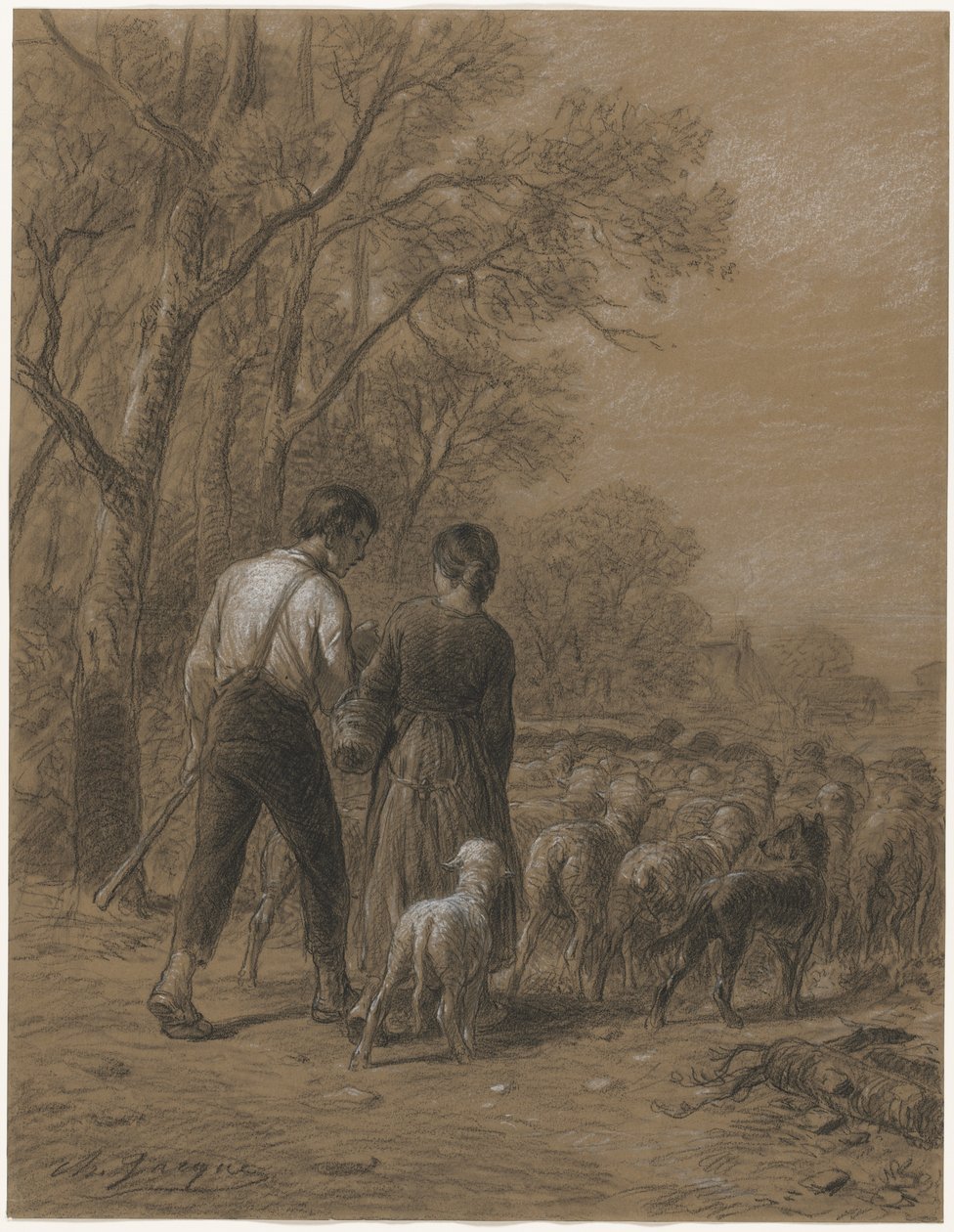 Wprowadzanie owiec, 1800 rok. autorstwa Charles Emile Jacque