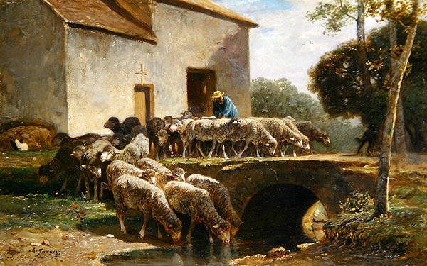 Opuszczanie stada (olej na panelu) autorstwa Charles Emile Jacque