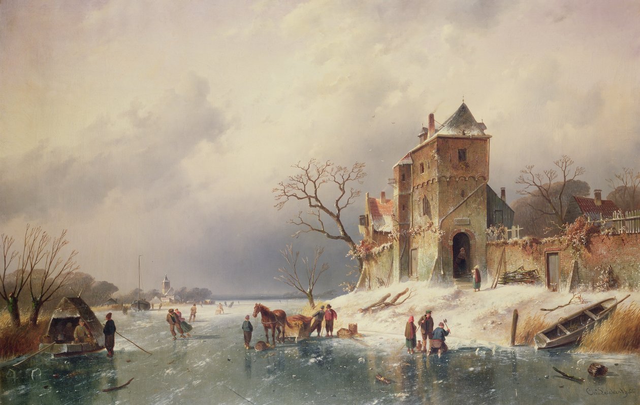Mroźna scena zimowa, XIX w. autorstwa Charles Henri Joseph Leickert