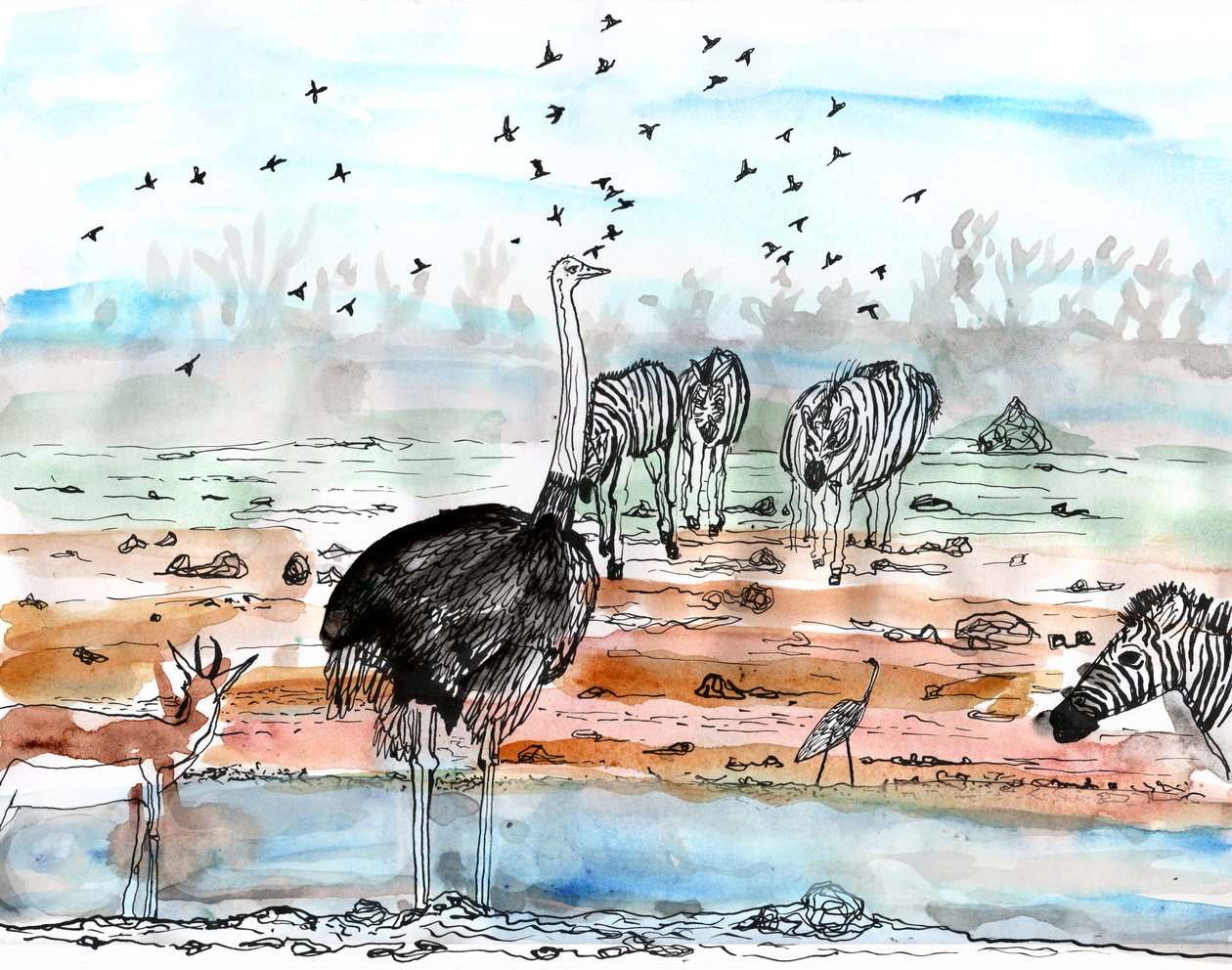 Safari 2, 2018 (tusz i akwarela) autorstwa Charlotte Orr