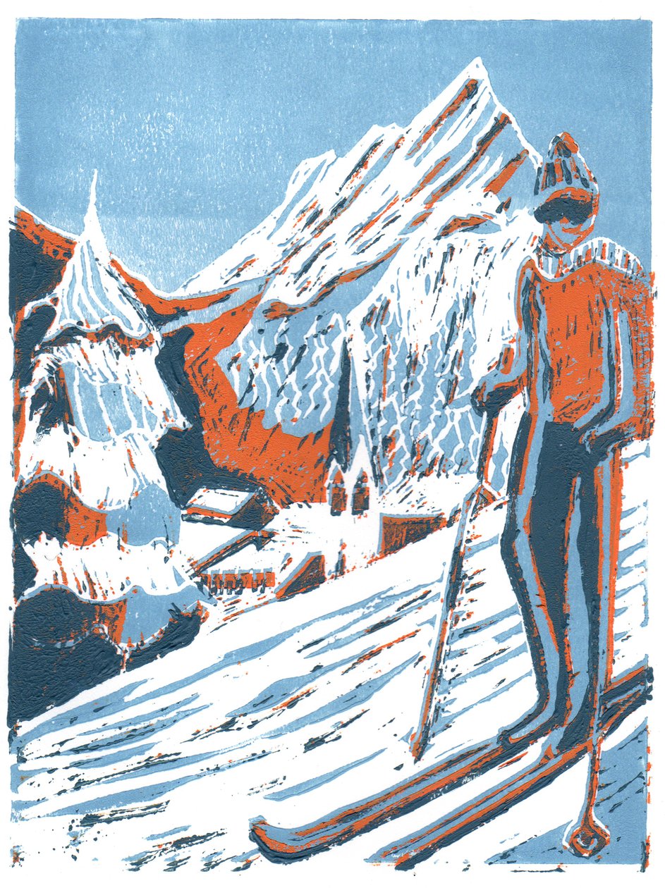 Narty, 2015, linoryt autorstwa Charlotte Orr