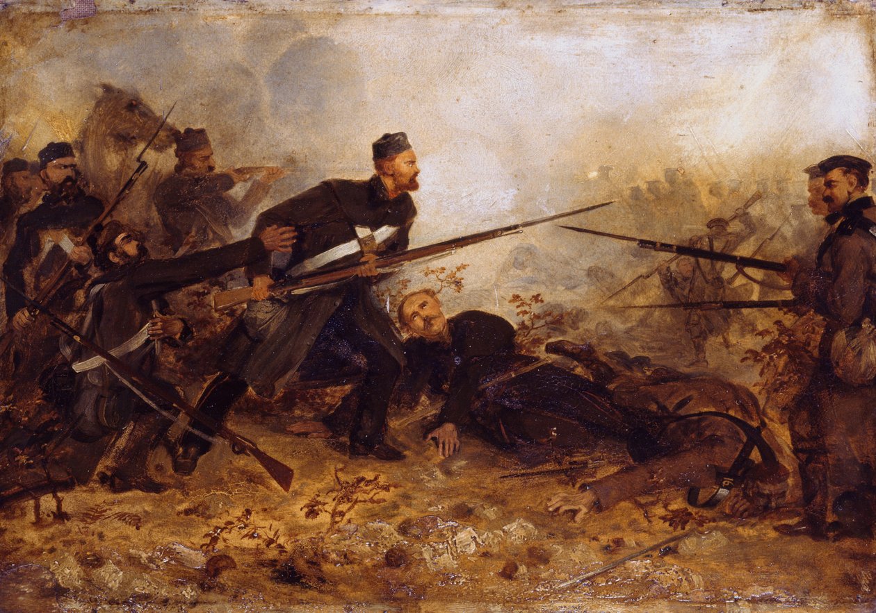 Szeregowy John McDermond (1832-68) w bitwie pod Inkerman 5 listopada 1854 r., c.1860 autorstwa Chevalier Louis William Desanges