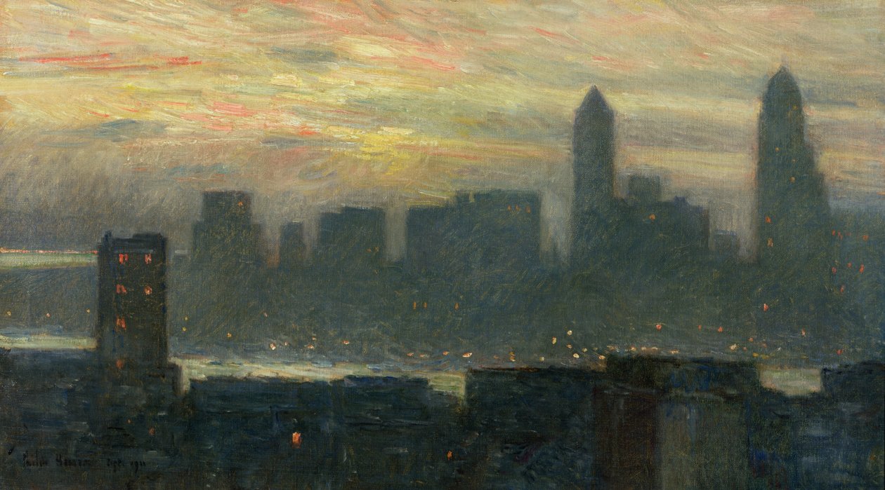 Mglisty zachód słońca na Manhattanie autorstwa Childe Frederick Hassam