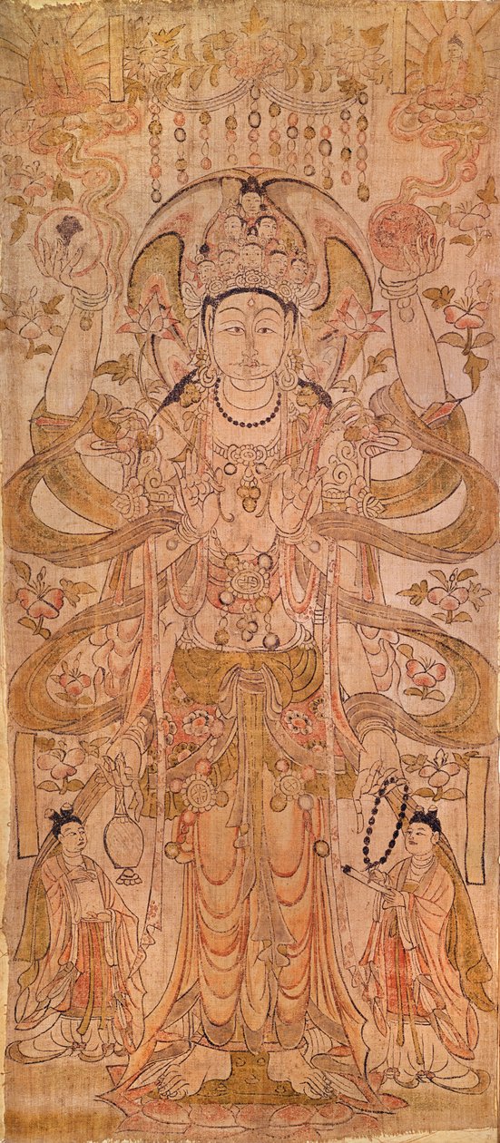 Awalokiteśwara z dziewięcioma głowami i sześcioma ramionami, z Dunhuang, prowincja Gansu, dynastia Tang (618-907) (pióro i atrament na płótnie) autorstwa Chinese School