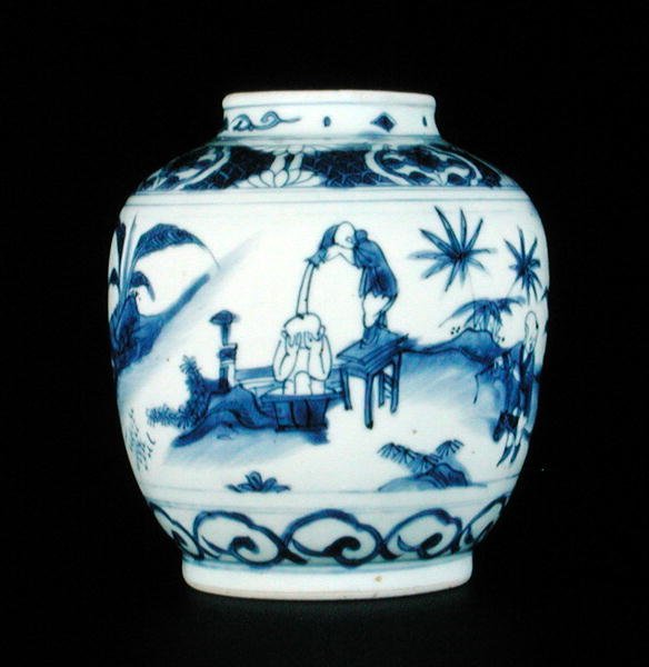 Niebiesko-biały słój namalowany z chłopcem kąpiącym się, Wanli lub Chongzheng, 1600-30 (porcelana) (patrz 206093-206095) autorstwa Chinese School