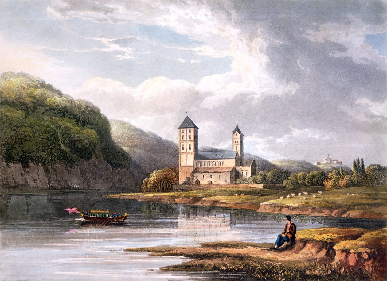 Kościół Johannesa przy ujściu rzeki Lahn, rycina autorstwa T. Sutherlanda, z "A Picturesque Tour along the Rhine, from Mentz to Cologne", opublikowana przez R. Ackermanna, Londyn, 1819 r. autorstwa Christian Georg II Schutz or Schuz