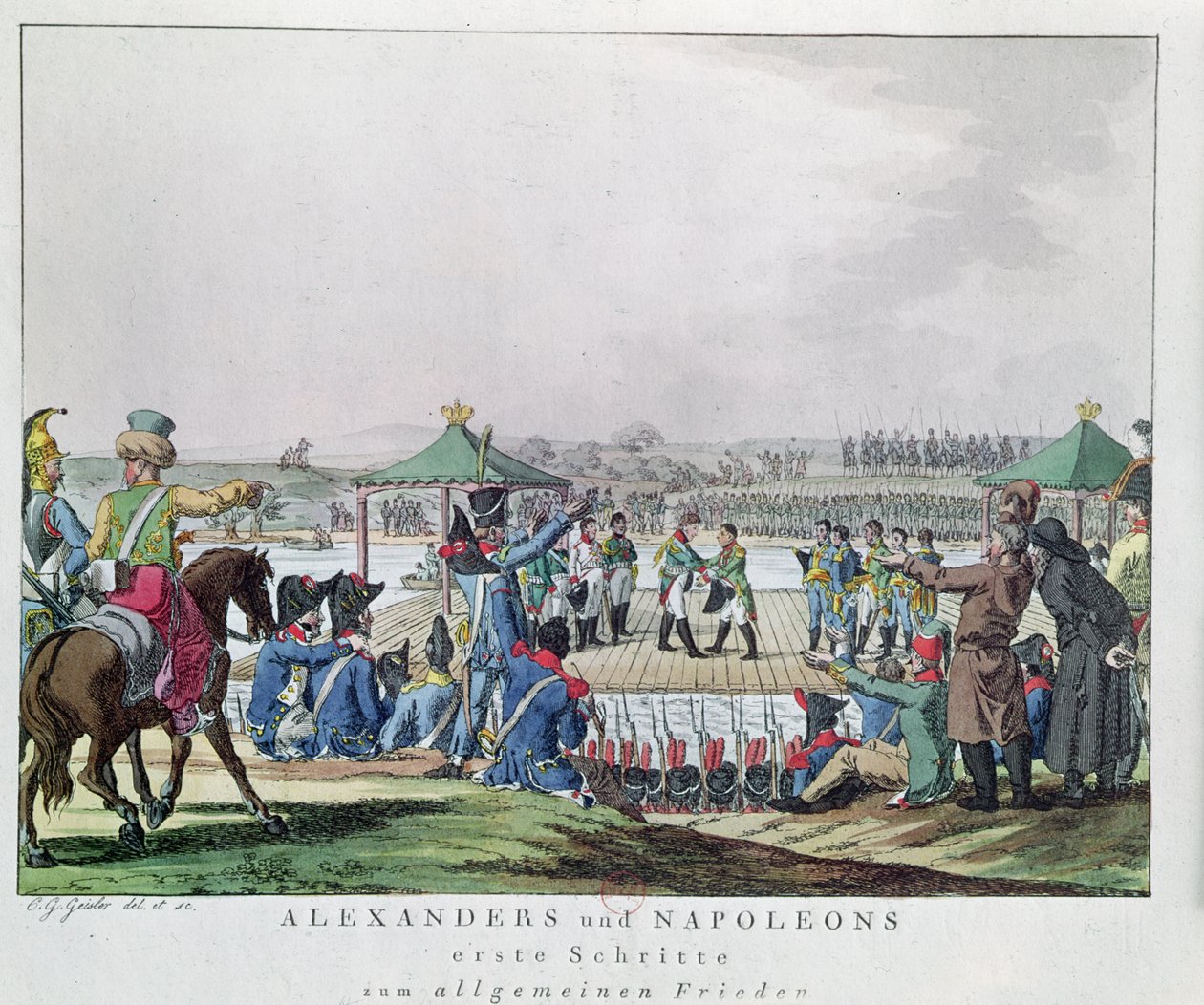 Aleksander I (1777-1825) i Napoleon (1769-1821) stawiają pierwsze kroki w kierunku ogólnego stanu pokoju, 26 czerwca 1807 (kolorowe grawerowanie) autorstwa Christian Gottfried Geissler
