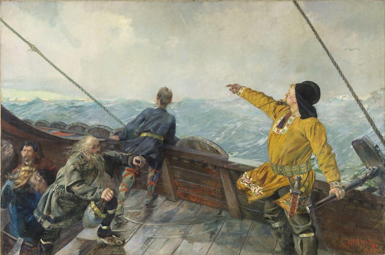 Leif Eriksson (X wiek) ląduje w Ameryce, 1893 autorstwa Christian Krohg