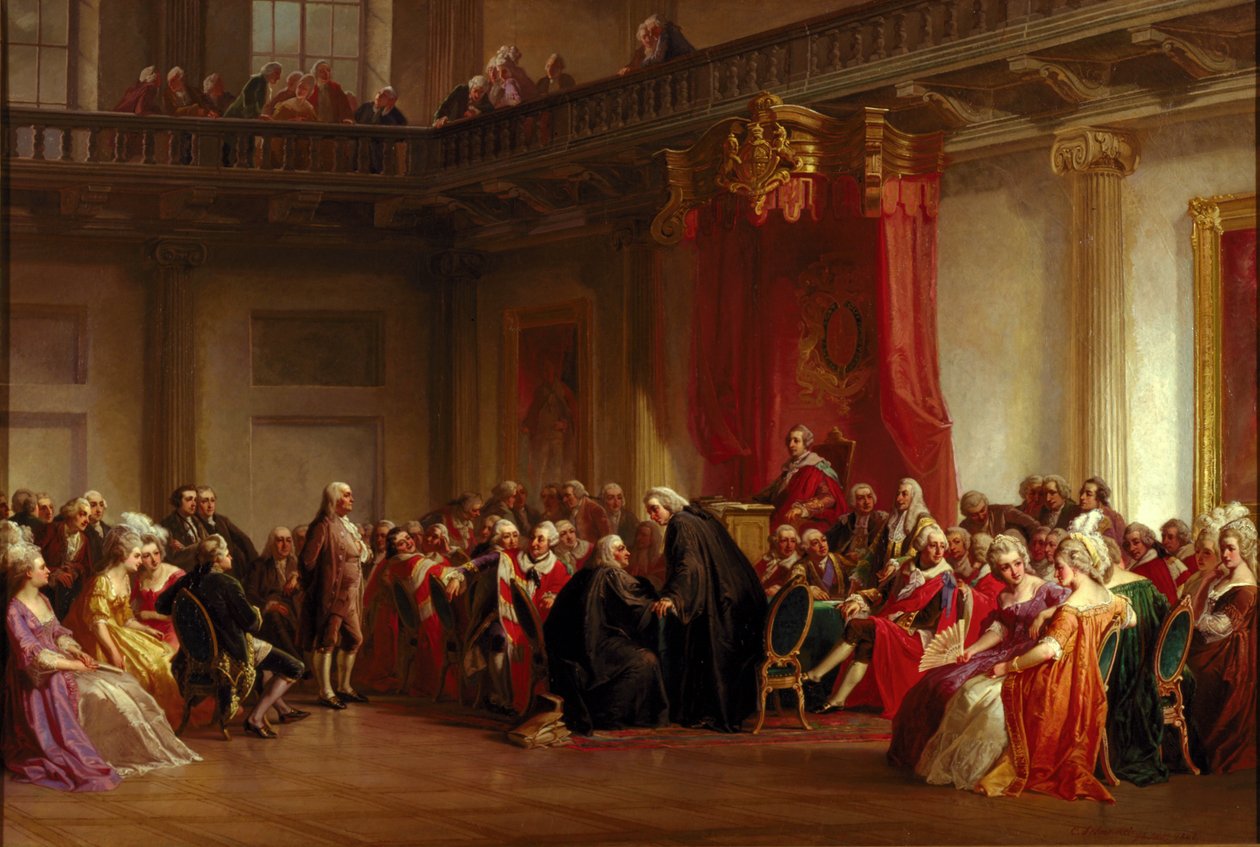 Benjamin Franklin pojawiający się przed Tajną Radą autorstwa Christian Schussele