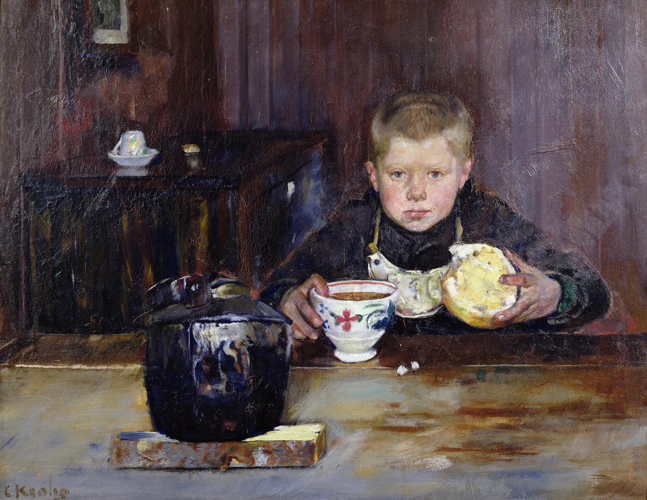 Chłopiec na posyłki pije kawę autorstwa Christian Krohg
