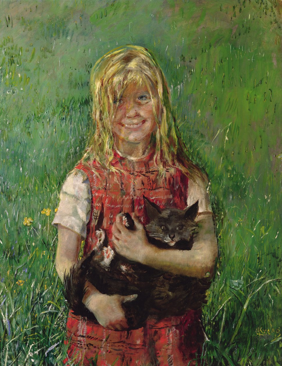 Dziewczyna z kotem (olej na płótnie) autorstwa Christian Krohg