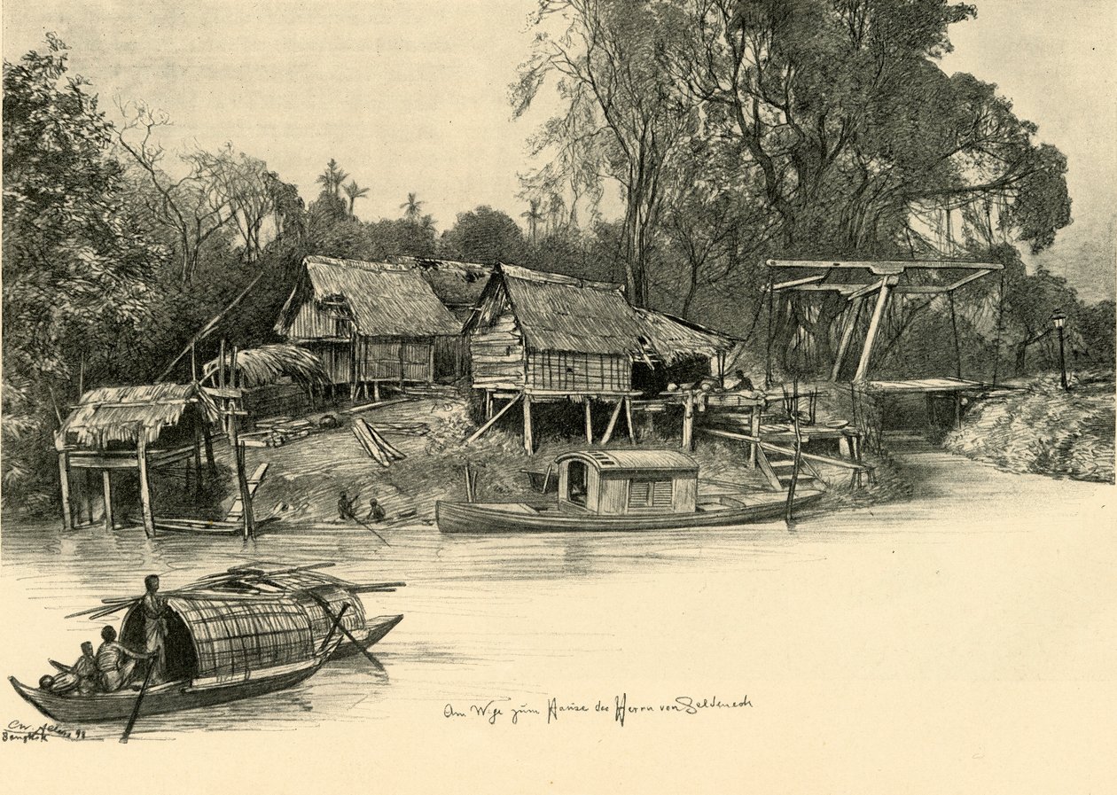 Domy na palach, Bangkok, Syjam, 1898. autorstwa Christian Wilhelm Allers