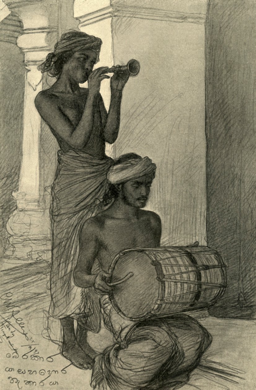 Muzycy świątynni, Kandy, Cejlon, 1898. autorstwa Christian Wilhelm Allers
